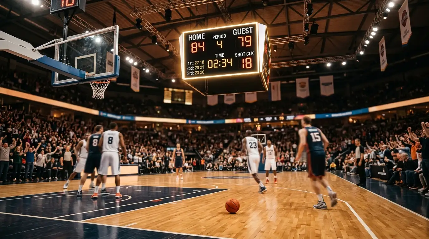 Beleuchtete Anzeigetafel mit Punktestand in einer Basketballhalle während eines EuroLeague-Spiels