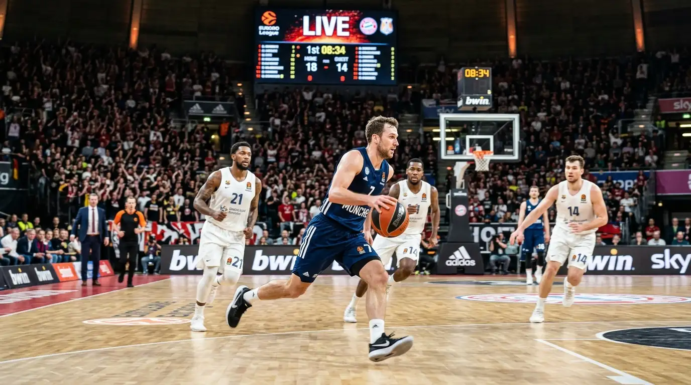 Schneller Konter bei einem EuroLeague-Basketballspiel mit Anzeigetafel und Spieluhr im Hintergrund