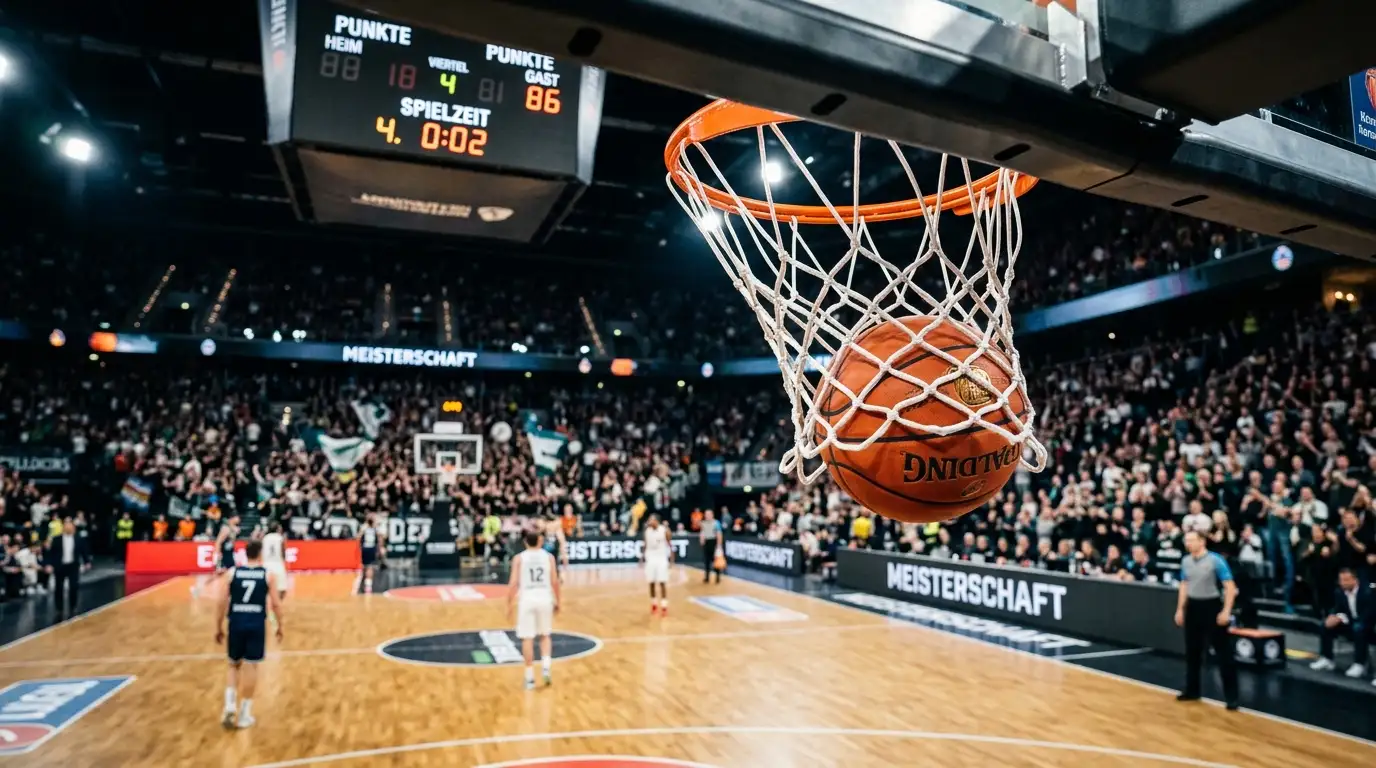 Basketball fällt durch Korbring und Netz in einer Sporthalle